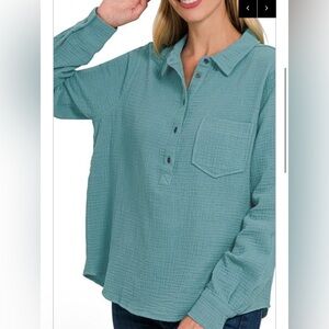 EUC Umgee Dusty Teal Green Gauze Button-Placket Long Sleeve Top 1XL